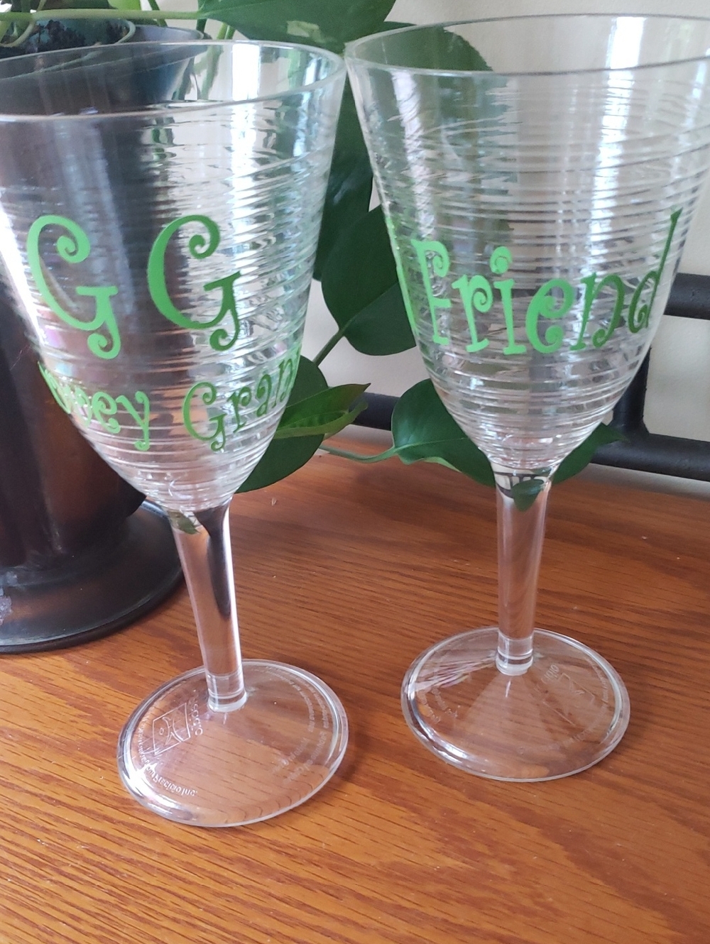 "Groovy Granny" & "And Friend" (2) Fun Green Monogrammed Plastic Wine Glasses